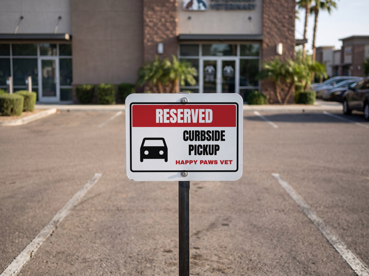 Reserved curbside pickup sign in a veterinary clinic parking lot