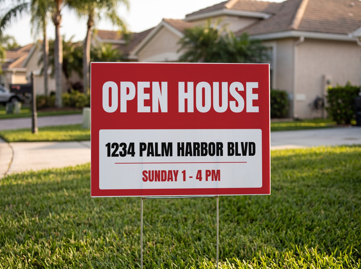 Red open house yard sign on a front lawn