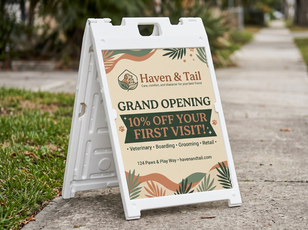 A-Frame Sidewalk Sign. Sample design shown: Haven & Tail