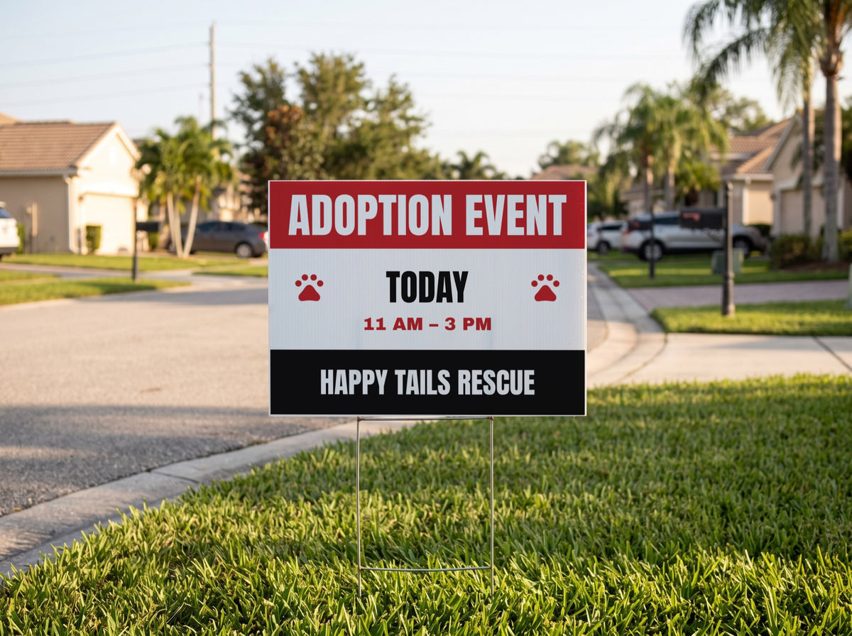 Adoption Event Yard Sign. 24 x 18 in yard sign on a metal H-stake, shown with sample text