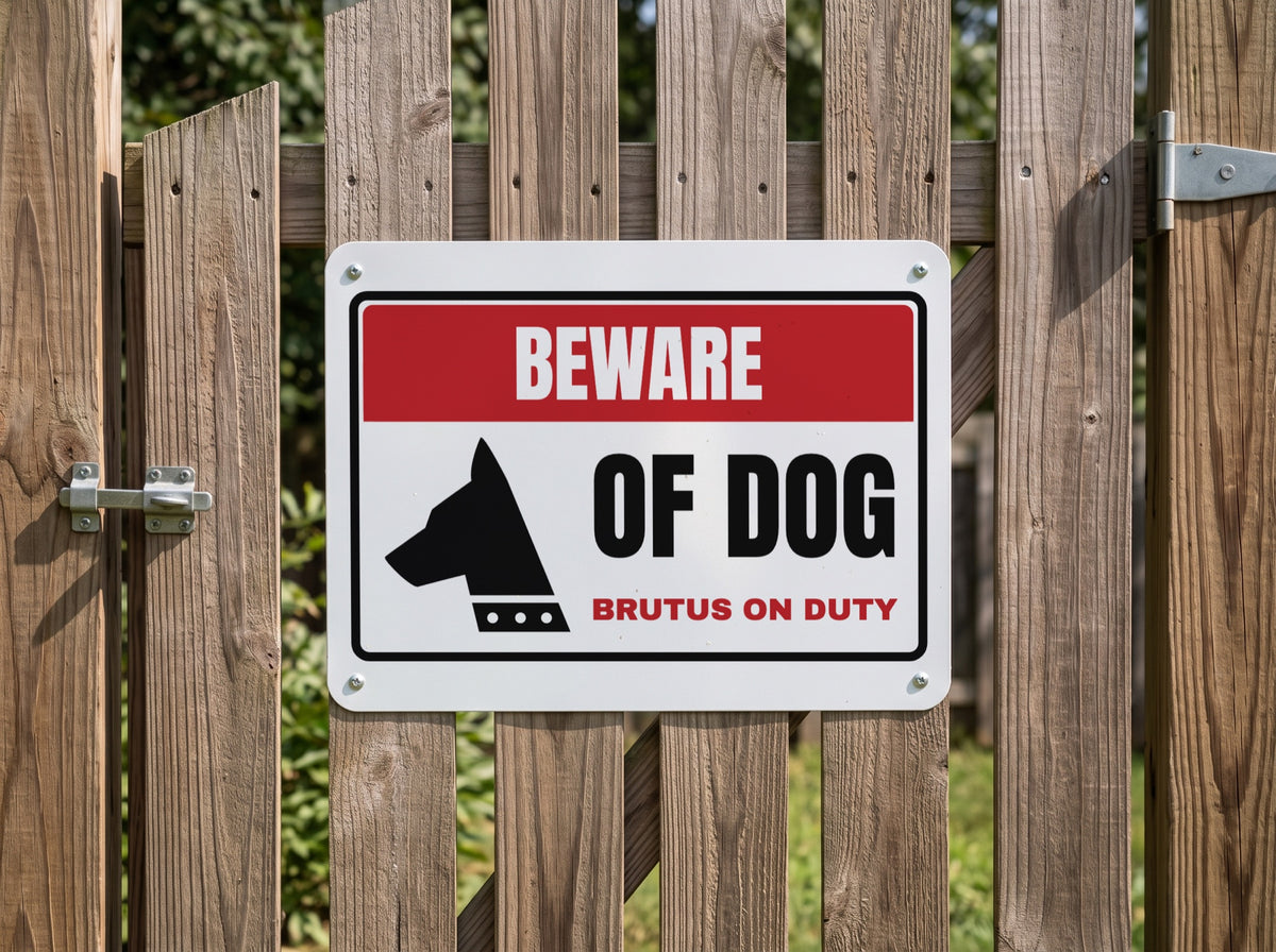 Beware of Dog Aluminum Sign. Aluminum sign, shown with sample text
