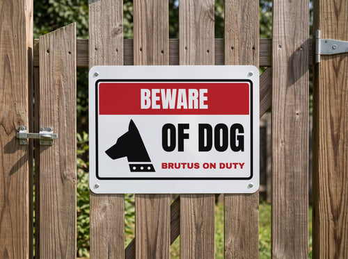 Beware of Dog Aluminum Sign. Aluminum sign, shown with sample text