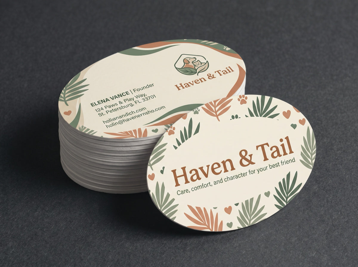 Oval Business Cards. Sample design shown: Haven & Tail