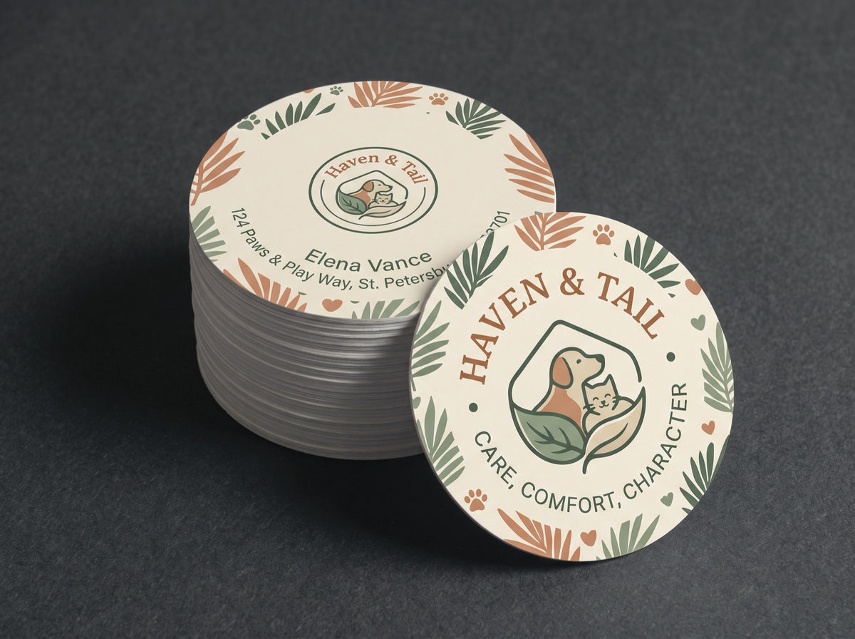 Round Business Cards. Sample design shown: Haven & Tail
