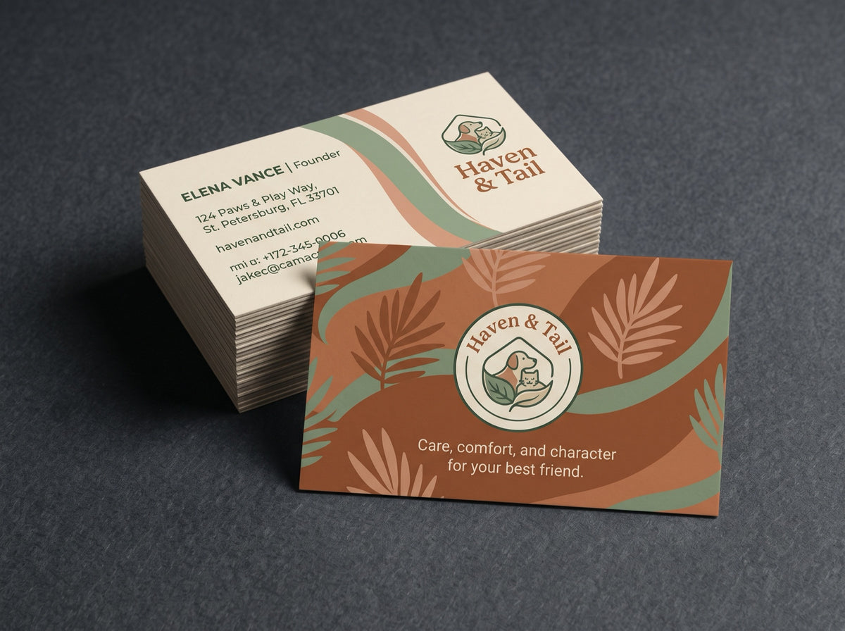 Business Cards. Sample design shown: Haven & Tail
