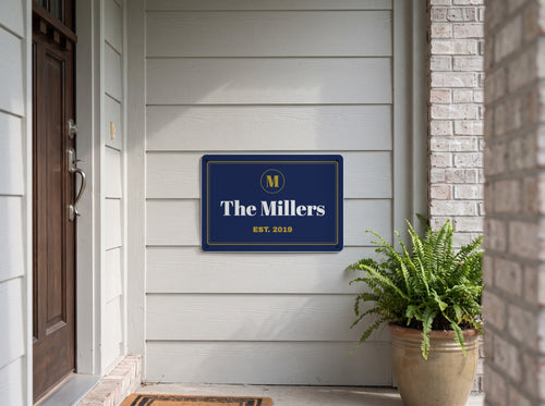 Family Name Aluminum Sign. Aluminum sign, Classic Navy & Gold design, shown with sample text