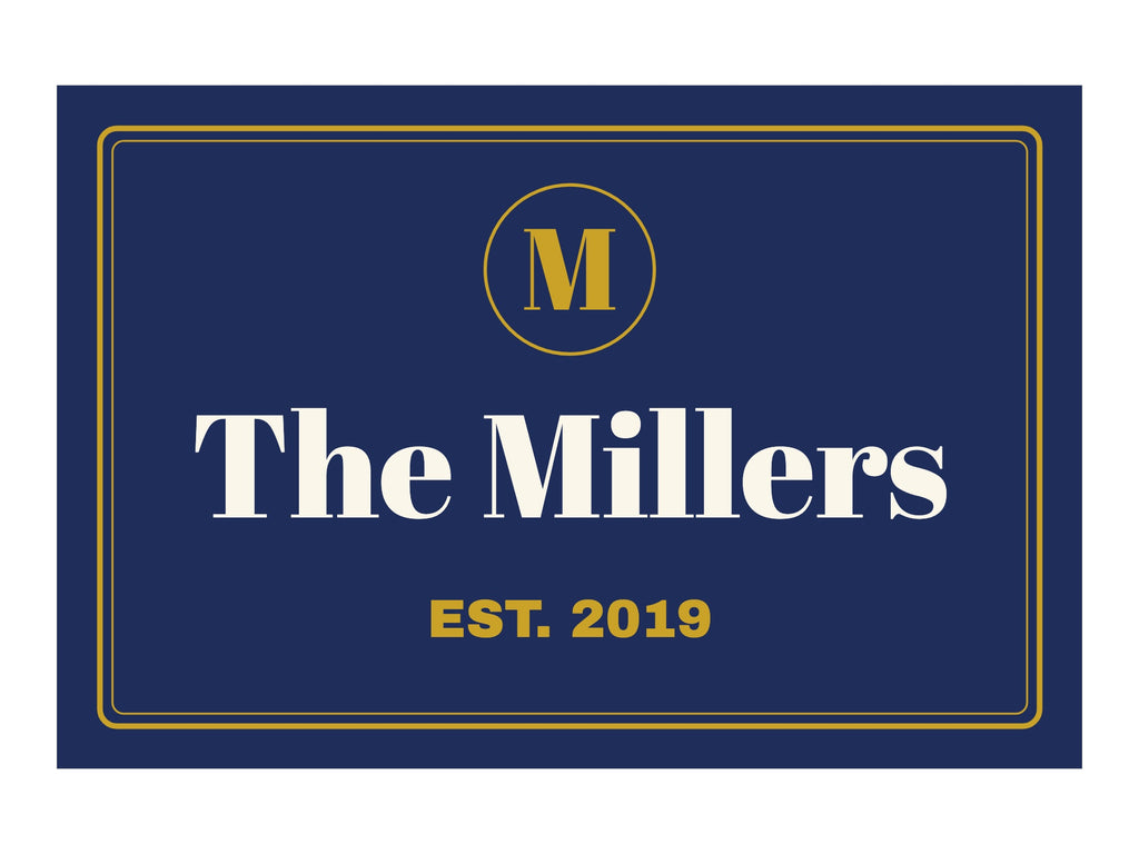 Family Name Aluminum Sign. Flat artwork, Classic Navy & Gold design, sample text