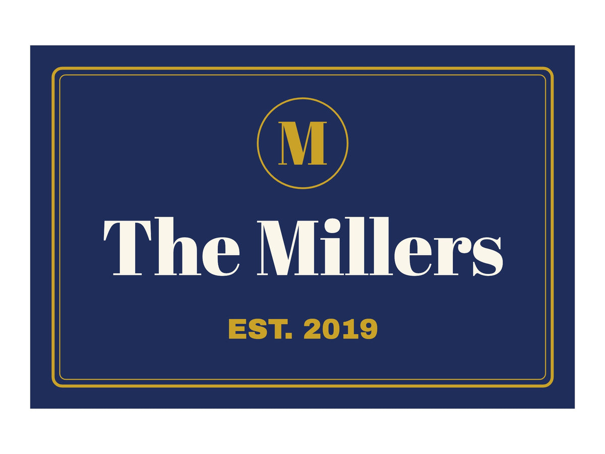 Family Name Aluminum Sign. Flat artwork, Classic Navy & Gold design, sample text