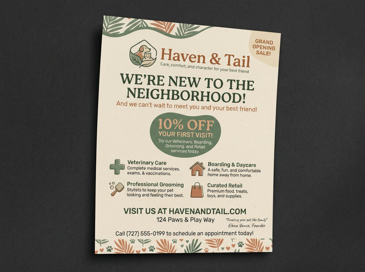 Flyers. Sample design shown: Haven & Tail