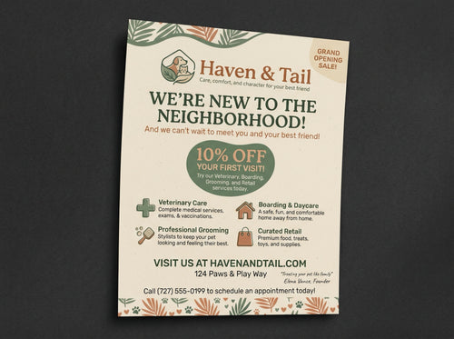 Flyers. Sample design shown: Haven & Tail