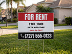 For Rent Yard Sign. 24 x 18 in yard sign on a metal H-stake, shown with sample text