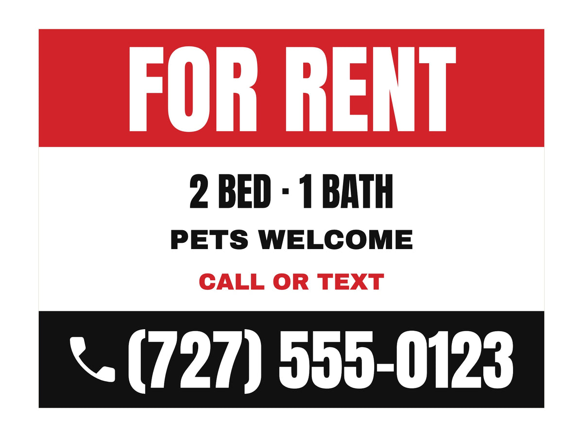 For Rent Yard Sign. Flat artwork, sample text