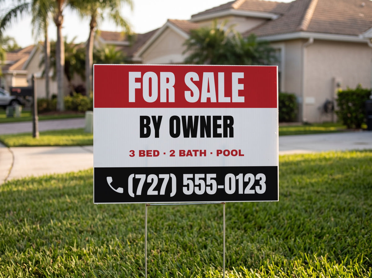 For Sale by Owner Yard Sign. 24 x 18 in yard sign on a metal H-stake, shown with sample text
