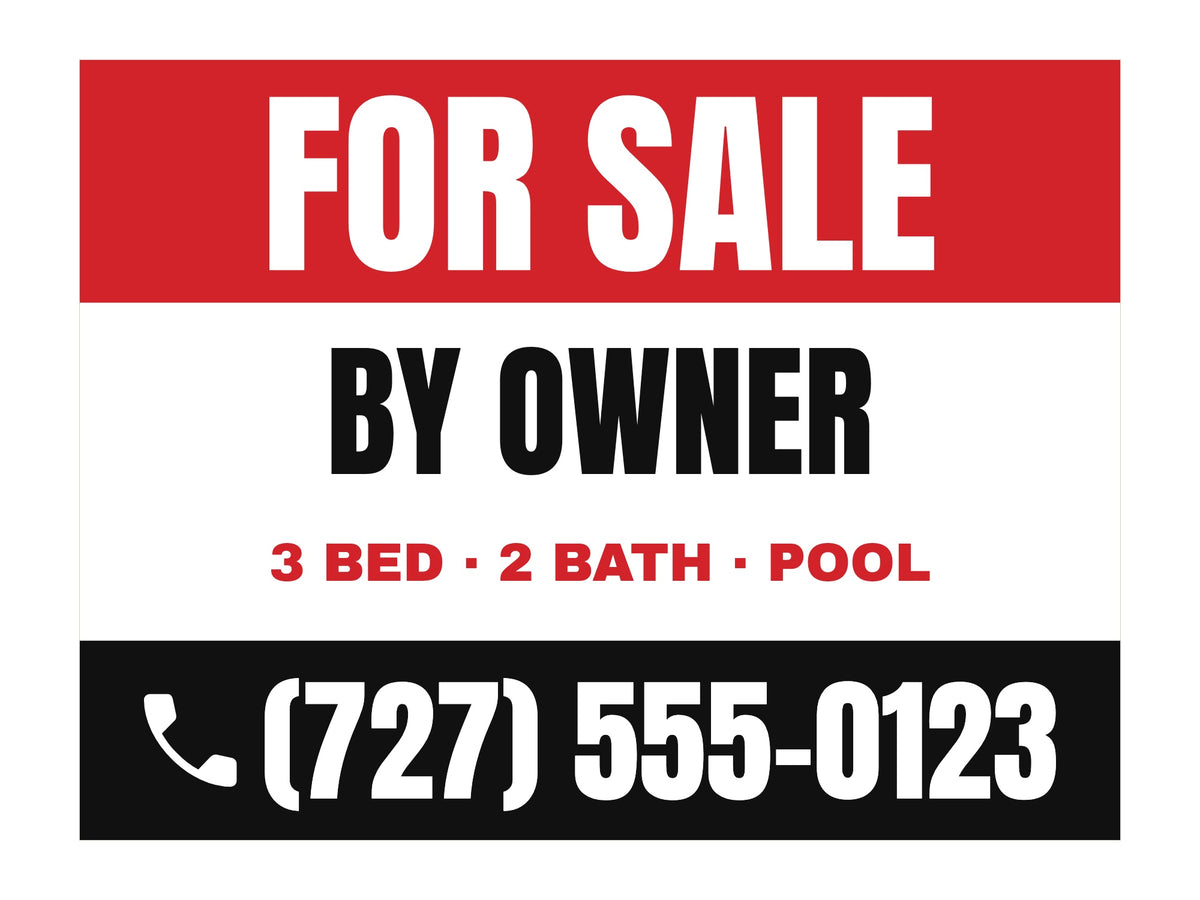 For Sale by Owner Yard Sign. Flat artwork, sample text