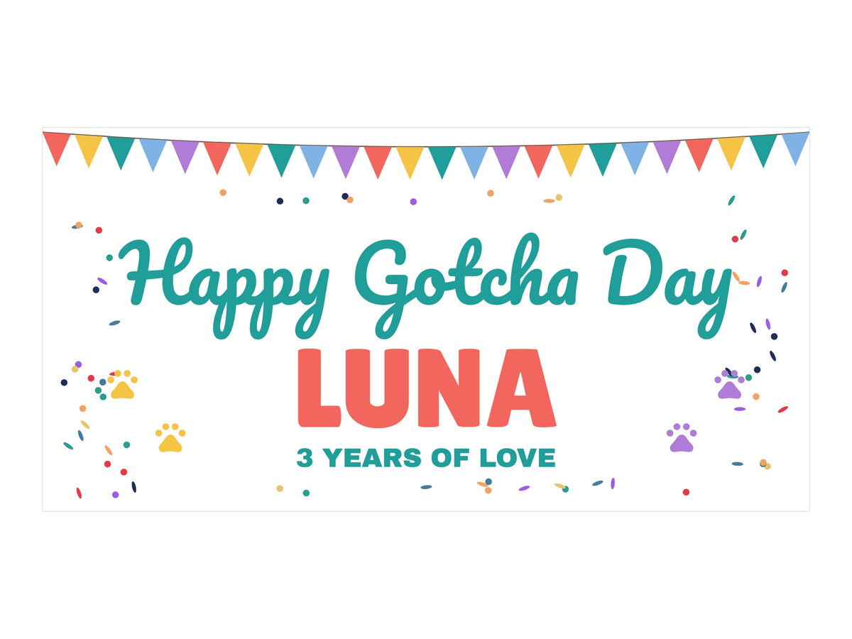 Happy Gotcha Day Banner. Flat artwork, Party Bunting design, sample text