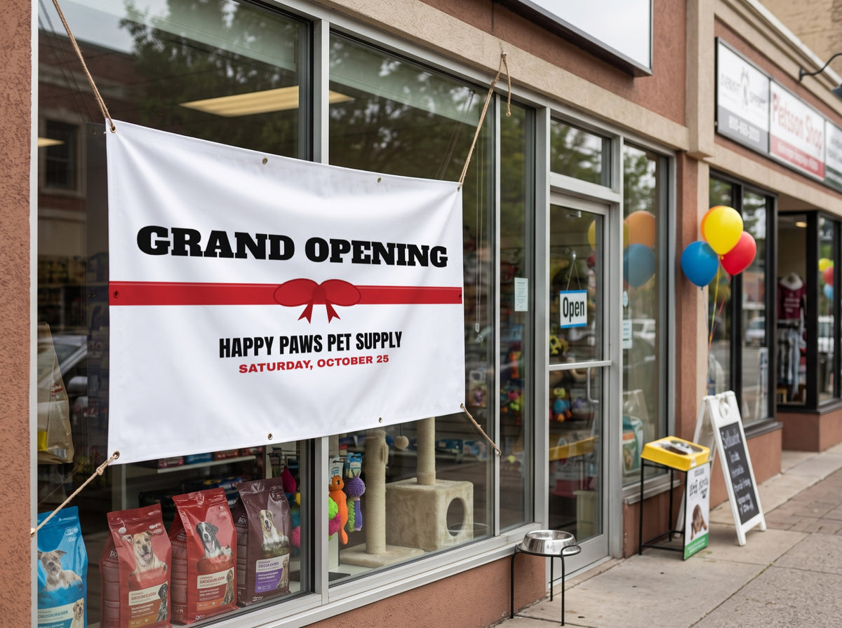 Grand Opening Banner. Vinyl banner with grommets, Ribbon Cutting design, shown with sample text