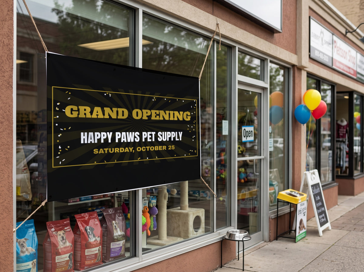 Grand Opening Banner. Vinyl banner with grommets, Black & Gold design, shown with sample text
