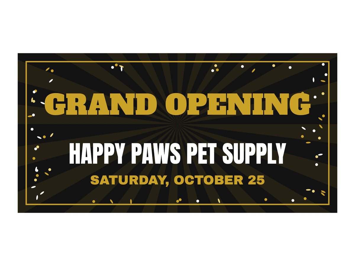 Grand Opening Banner. Flat artwork, Black & Gold design, sample text