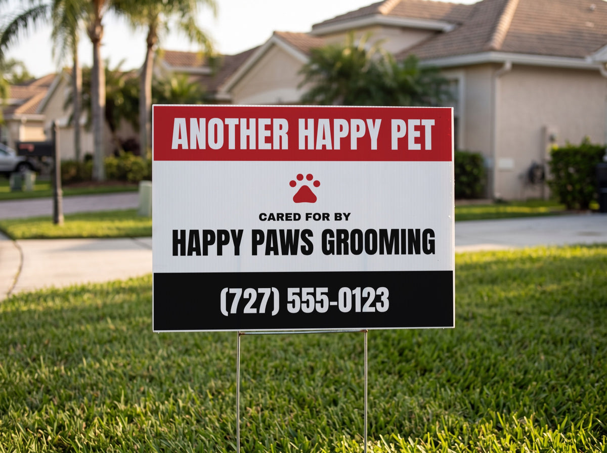 "Another Happy Pet" Business Yard Sign. 24 x 18 in yard sign on a metal H-stake, shown with sample text