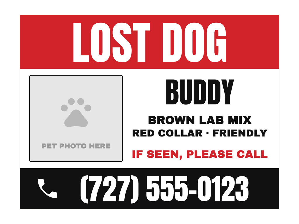 Lost Pet Yard Sign. Flat artwork, sample text