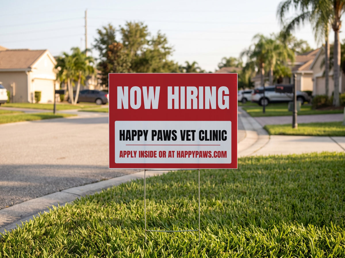 Now Hiring Yard Sign. 24 x 18 in yard sign on a metal H-stake, shown with sample text