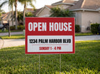 Open House Yard Sign. 24 x 18 in yard sign on a metal H-stake, shown with sample text