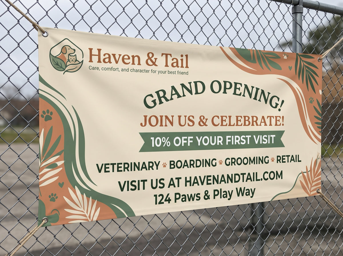 Outdoor Vinyl Banner (Horizontal). Sample design shown: Haven & Tail