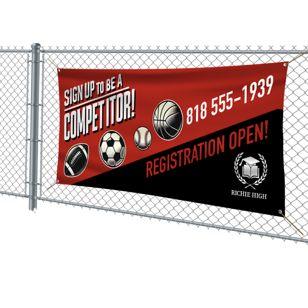 Outdoor Vinyl Banner (Horizontal). 4over example banner on a fence