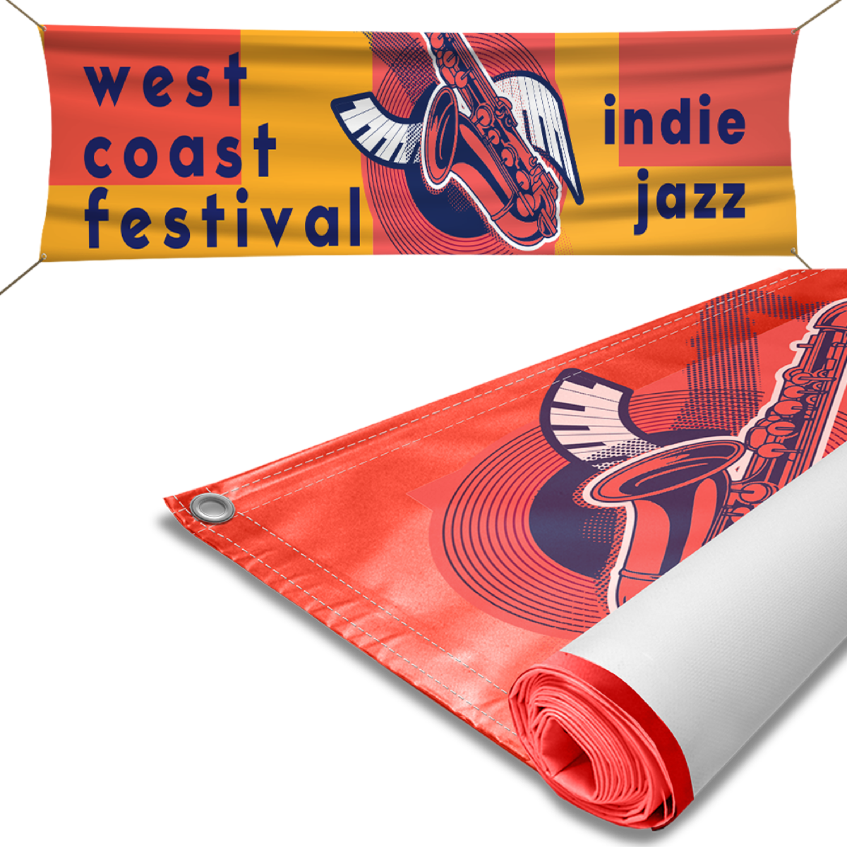 Outdoor Vinyl Banner (Horizontal). 4over example banners, hung and rolled