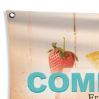 Outdoor Vinyl Banner (Horizontal). Close-up of printed scrim vinyl