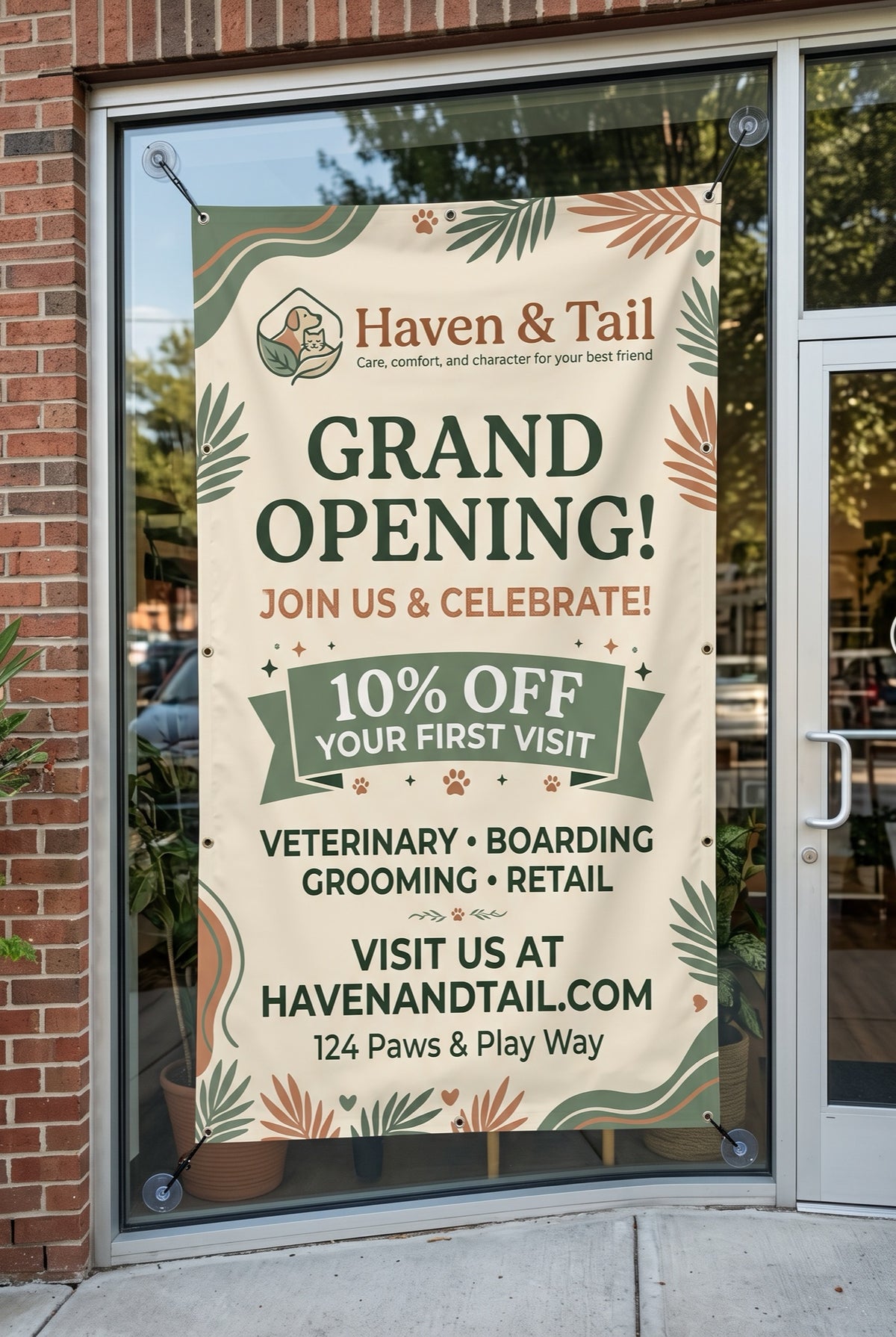 Outdoor Vinyl Banner (Vertical). Sample design shown: Haven & Tail