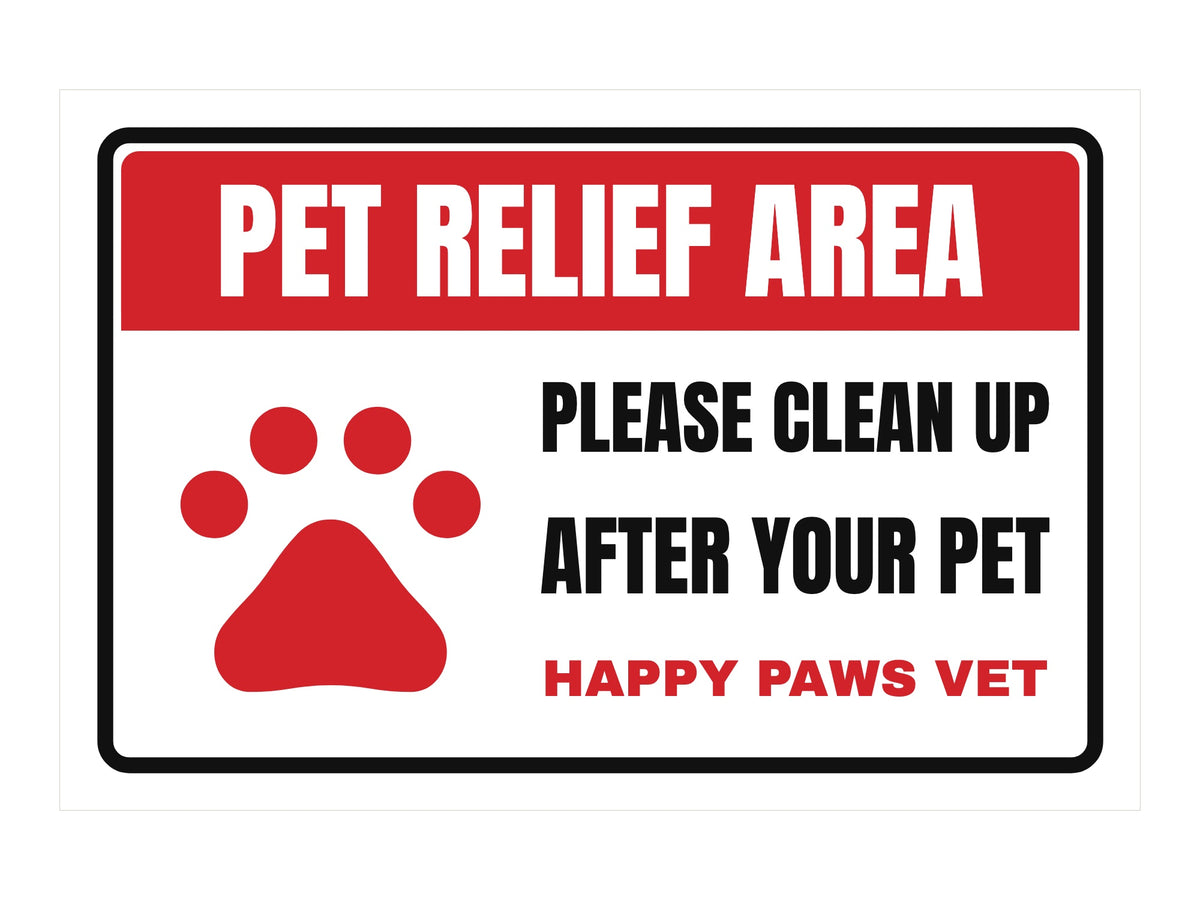 Pet Relief Area Aluminum Sign. Flat artwork, sample text