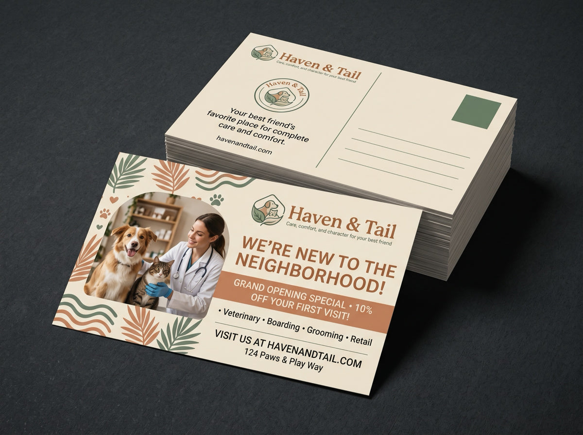 Postcards. Sample design shown: Haven & Tail