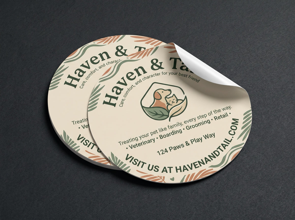 Round Stickers. Sample design shown: Haven & Tail