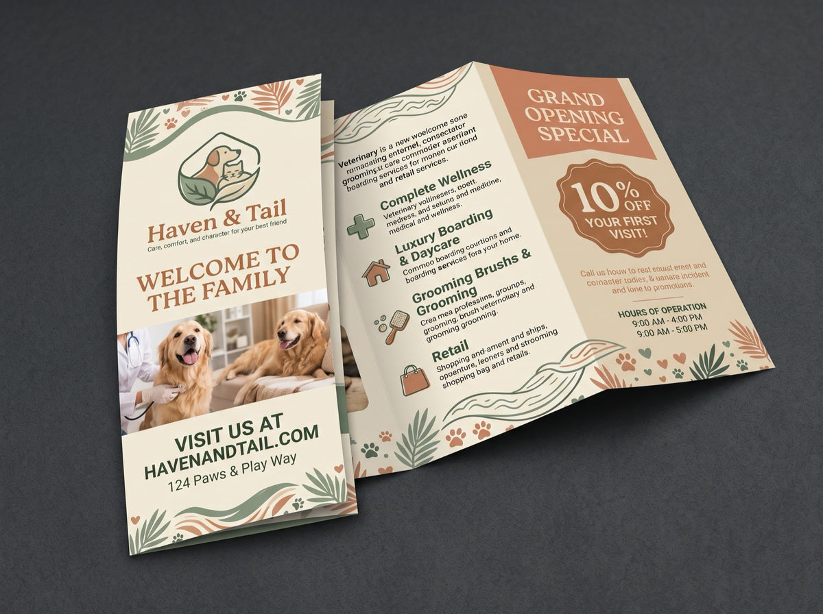 Tri-Fold Brochures. Sample design shown: Haven & Tail