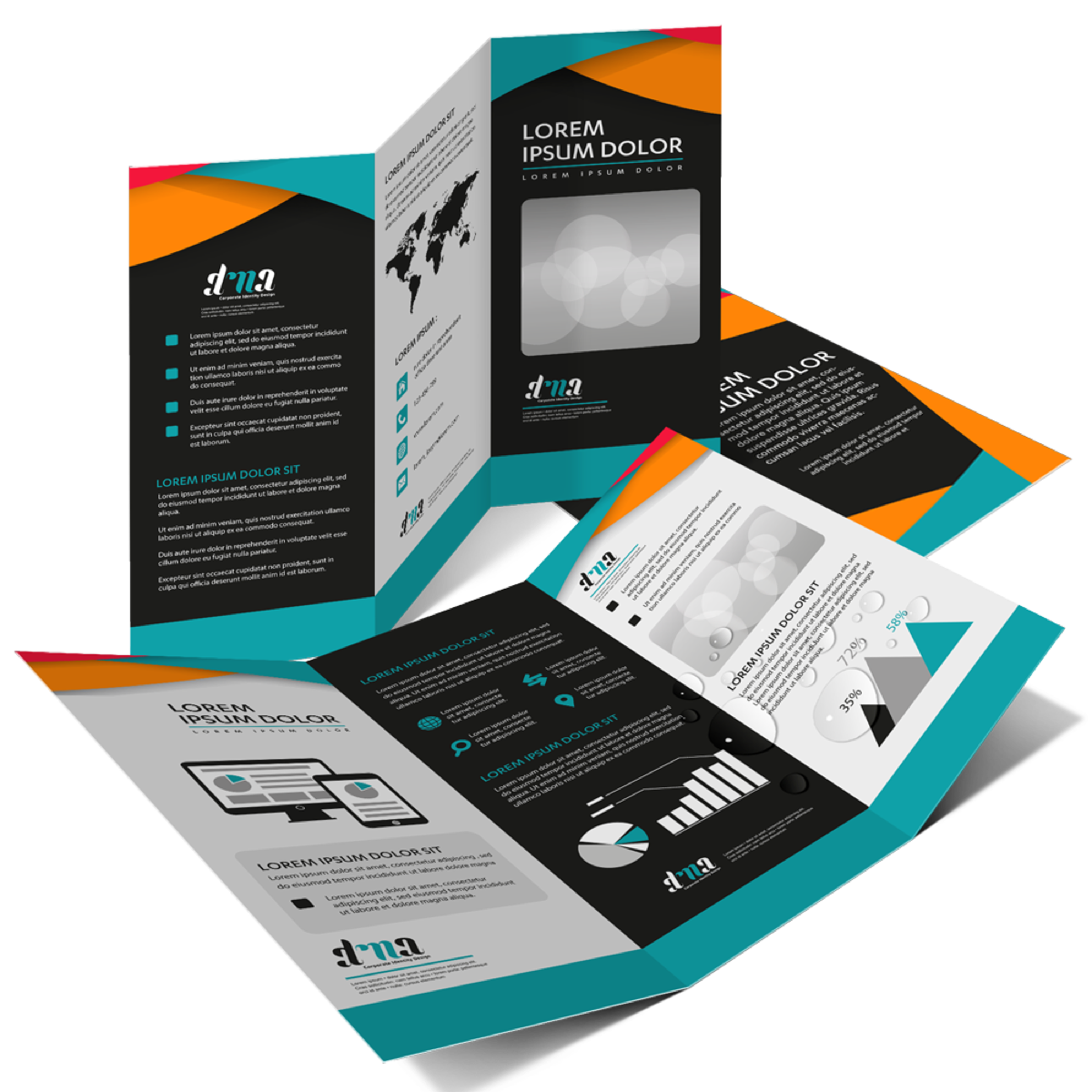 Tri-Fold Brochures. Example tri-fold brochures, open and folded