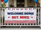 Welcome Home Banner. Vinyl banner with grommets, Stars & Stripes design, shown with sample text