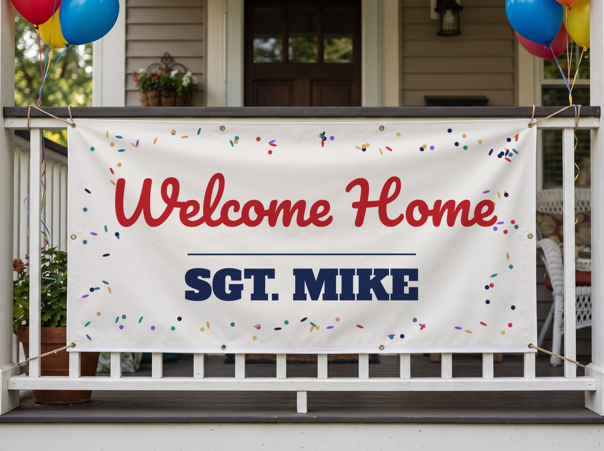 Welcome Home Banner. Vinyl banner with grommets, Celebration design, shown with sample text
