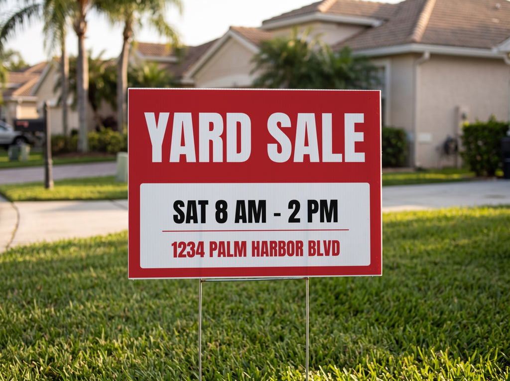 Yard Sale Sign. 24 x 18 in yard sign on a metal H-stake, shown with sample text